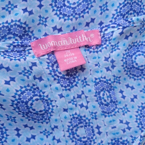 Woman Within Womens Top 2X Tunic Cap Sleeve Blue Geometric Crochet Sheer GEO229E - Picture 8 of 9